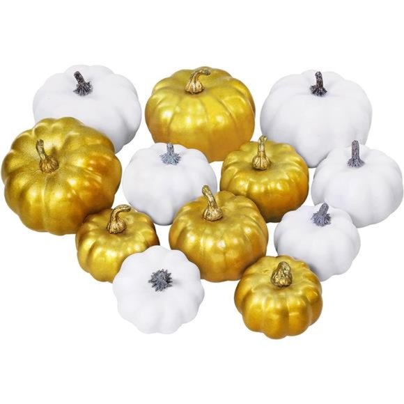 12Pcs Assorted Small Artificial Gold White Pumpkins Harvest Decorative Pumpkins - Picture 1 of 7
